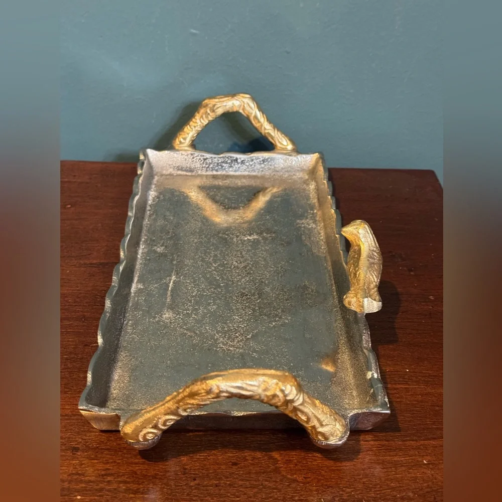 Elegant Silver and Gold Metal Rectangular Tray with Bird and Branch Handles